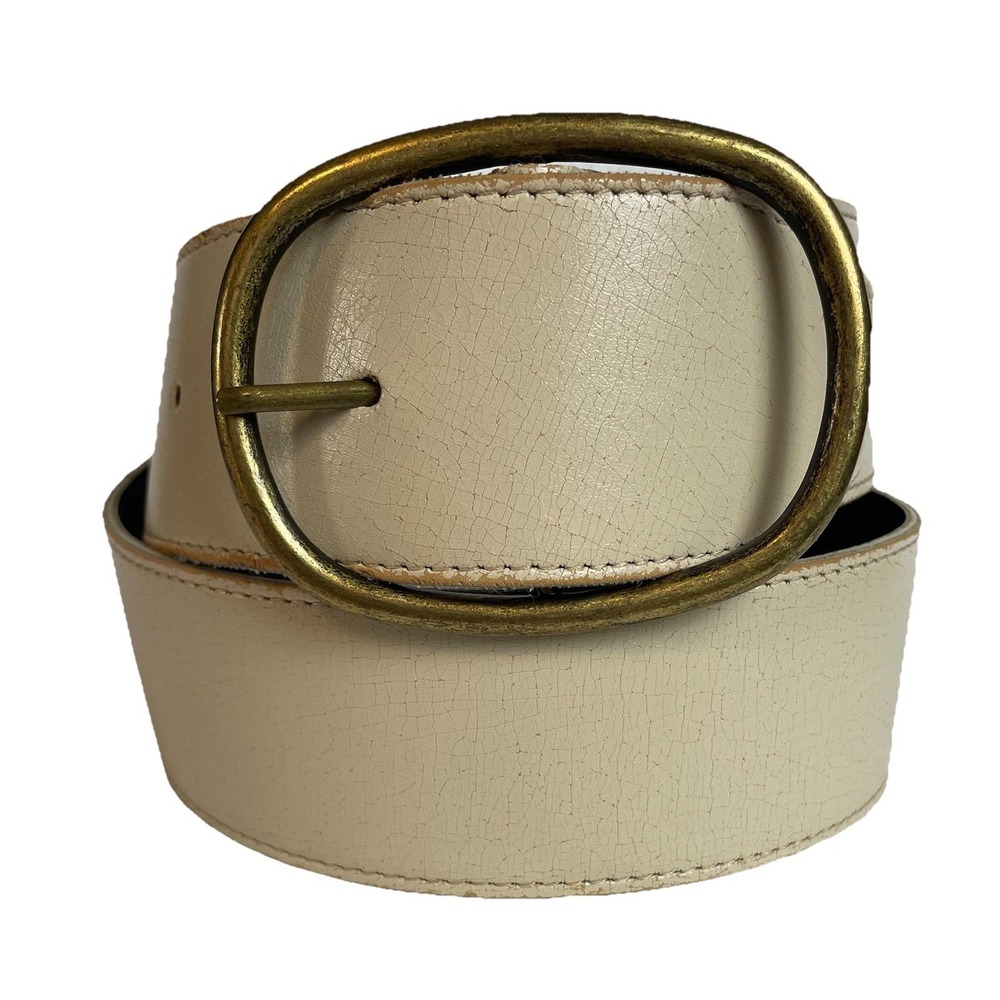 Vtg 80s Faux Leather Wide Belt Buckle Womens L/36 Beige USA Made Brass Buckle